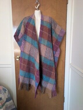 Vintage Elwin Maroon Red Pink Teal Plaid Wool Blend Fringe Scarf Wrap Shawl